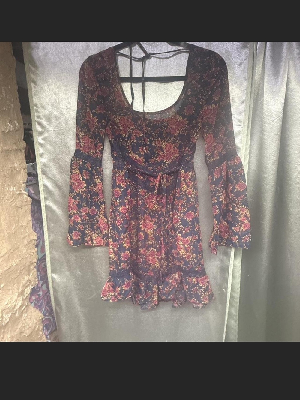 Band of Gypsies Navy Floral Tie-Waist Bell Sleeve Mini Dress